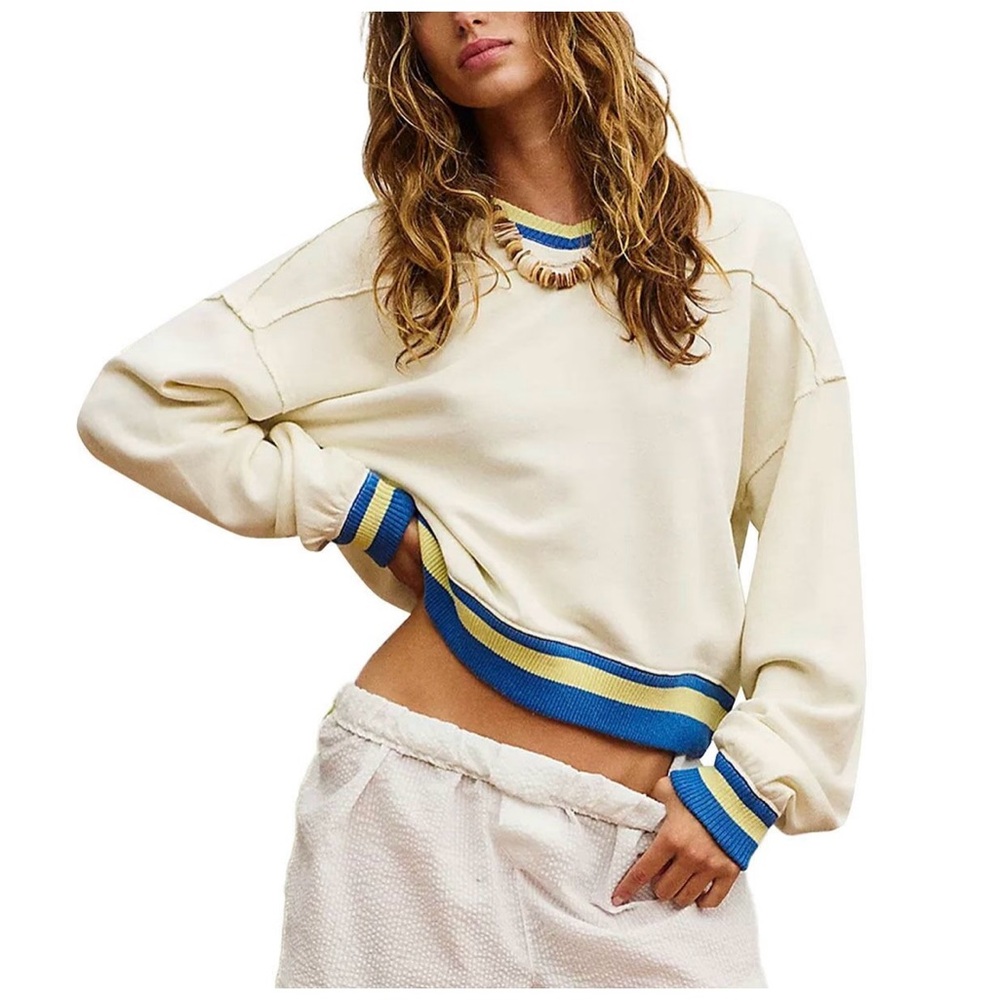 Free People Rio Sweatshirt XS Ivory Blue Yellow EUC